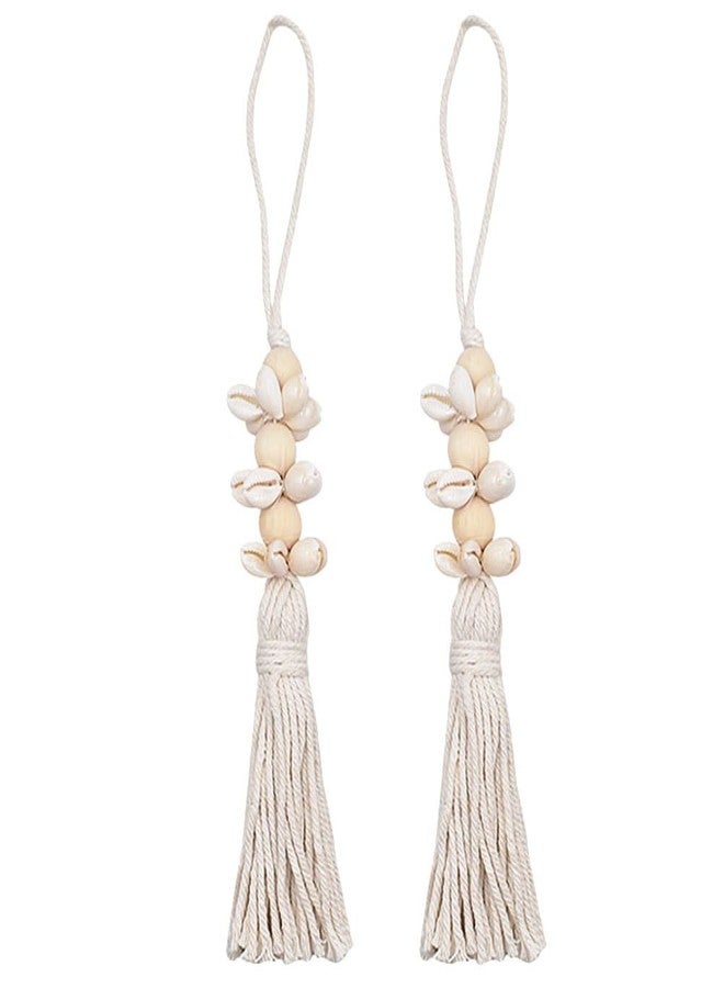OFFSCH 2pcs Coastal Seaside Decor Boho Cowrie Shells Wooden Bead Strand Wreath Banner Farmhouse Garland Cotton Thread Decorative Tassel - Image 1